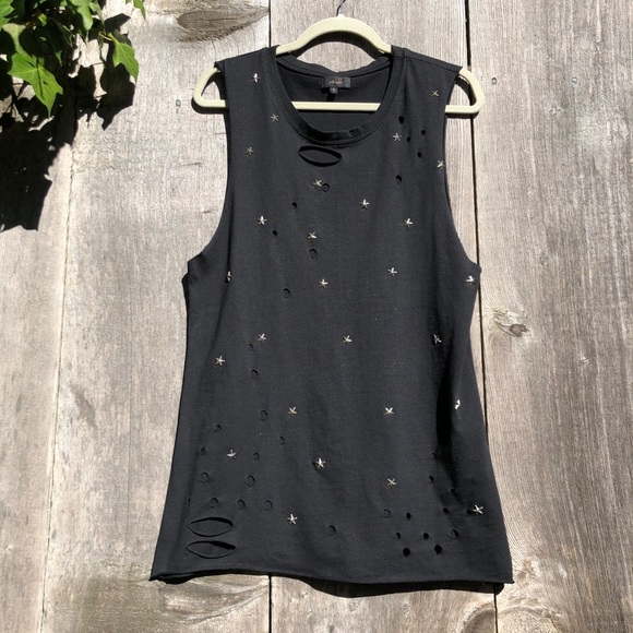 On Twelfth Tops - On Twelfth black embellished ripped muscle T A23